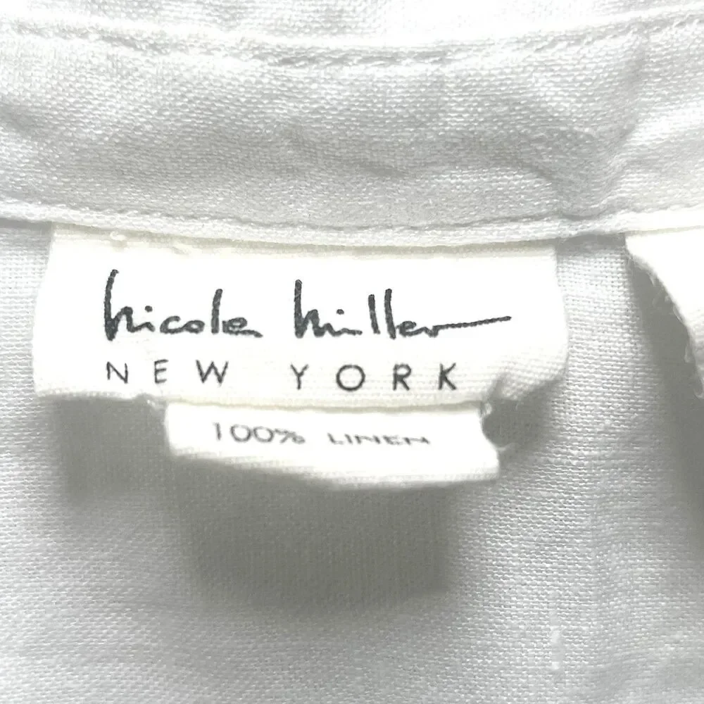Nicole Miller White 100% Linen V-Neck Popover Top Shirt Roll Tab Short Sleeve